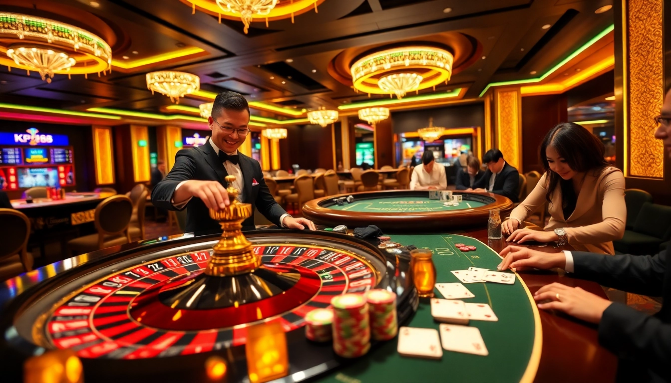 KP88 casino scene with a roulette table, dealer in action, and players placing bets.
