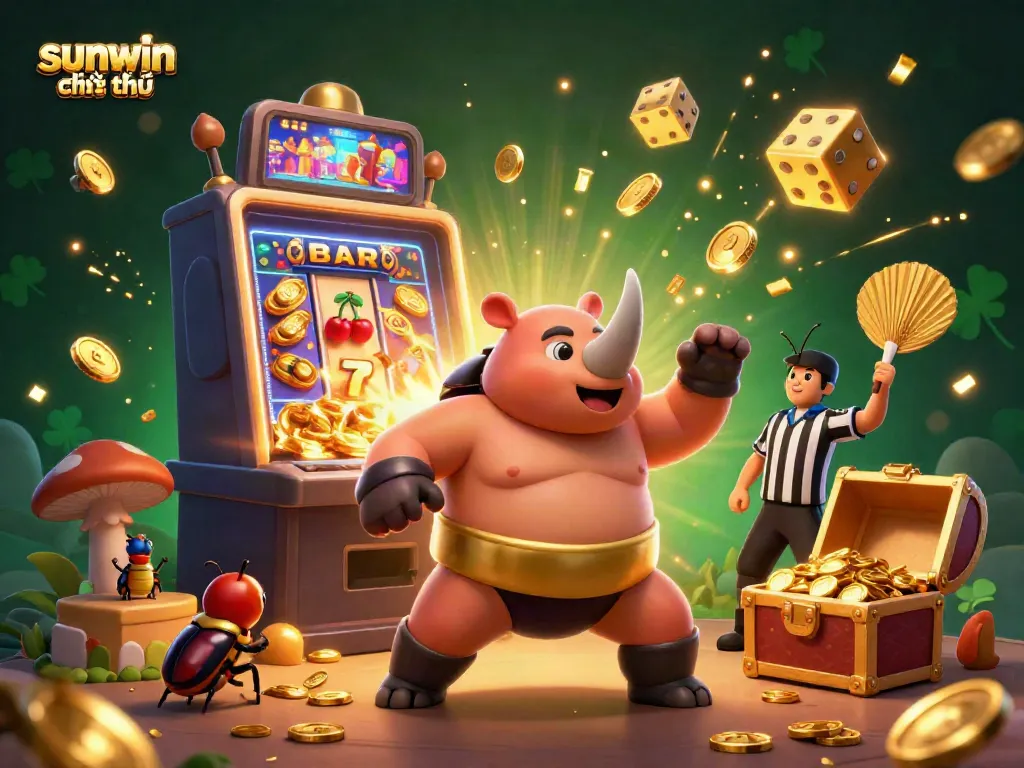 Experience the excitement of sunwin chính thức with a dynamic 3D illustration showcasing a rhinoceros beetle sumo champion amidst casino elements.