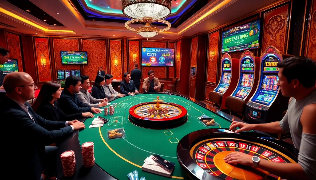 Players engaging with exciting casino games at 13Win, showcasing vibrant roulette wheels and poker chips.