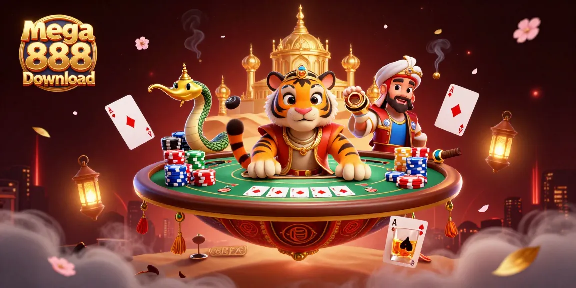Engage with mega 888 download in a vibrant 3D casino illustration featuring a sultan, magic lamp, and poker elements.