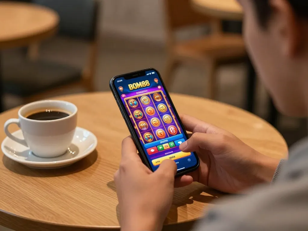 Pengguna aplikasi BOM88 yang terlibat dalam permainan kasino mobile dengan grafis yang penuh warna di suasana kafe yang nyaman