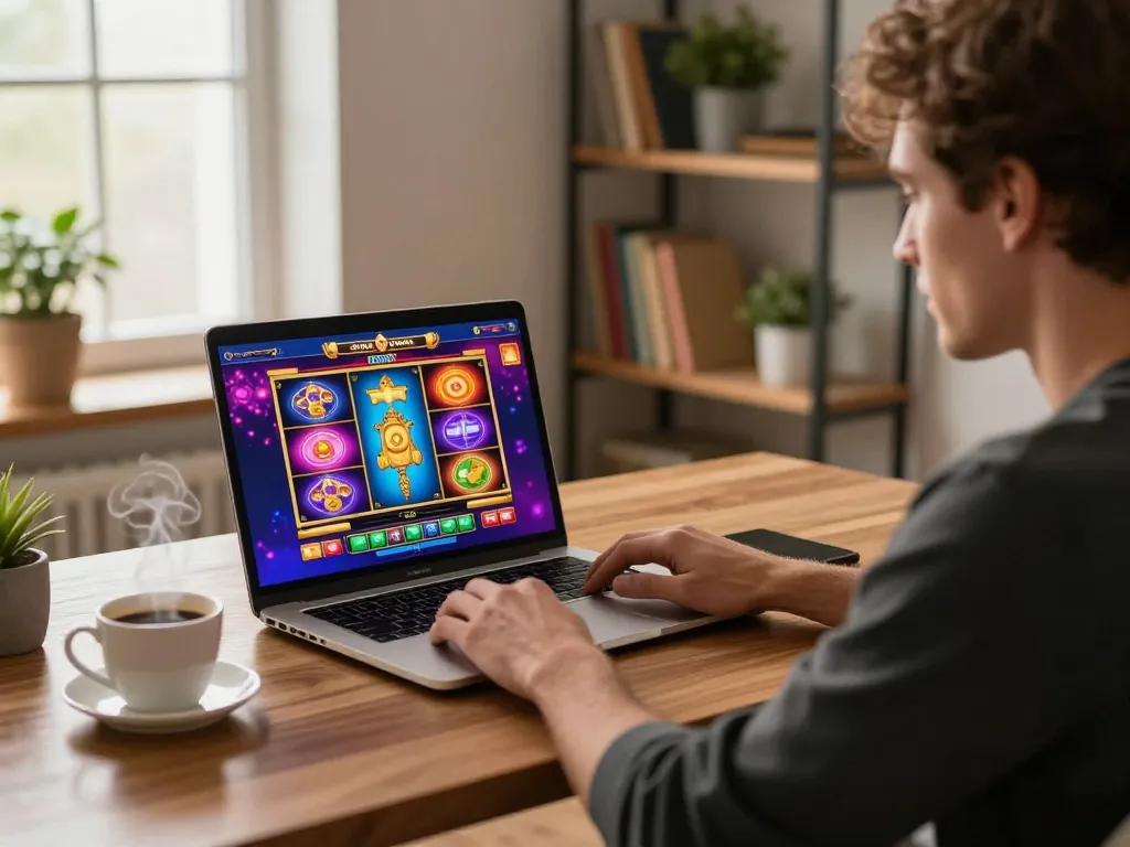 Engaging online gambling moment with incakoin displayed on laptop, player focused and relaxed