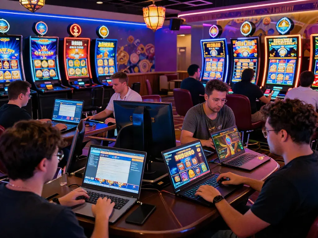 Engaging slot gacor players in a lively online casino atmosphere with vibrant game displays.