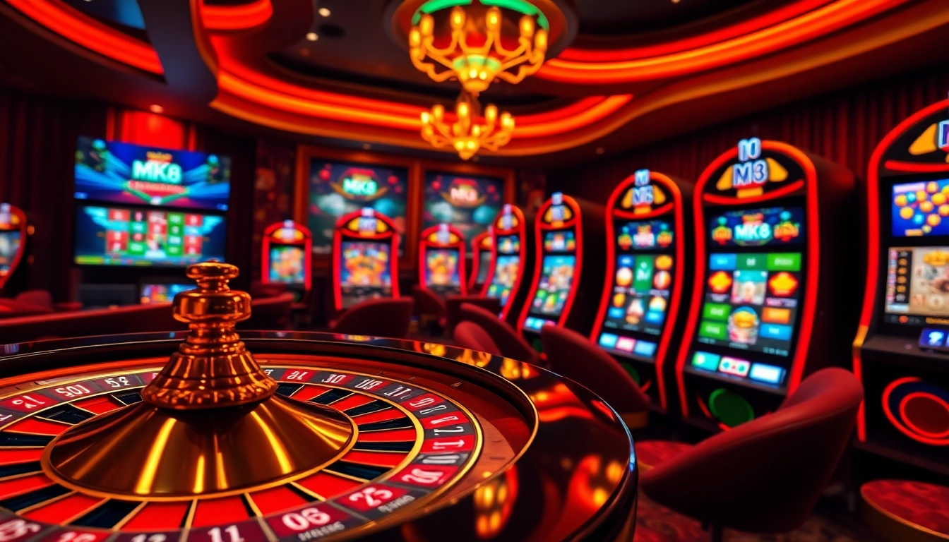 Experience thrilling online gaming at MK8 with a vibrant casino atmosphere featuring roulette, poker chips, and slot machines.