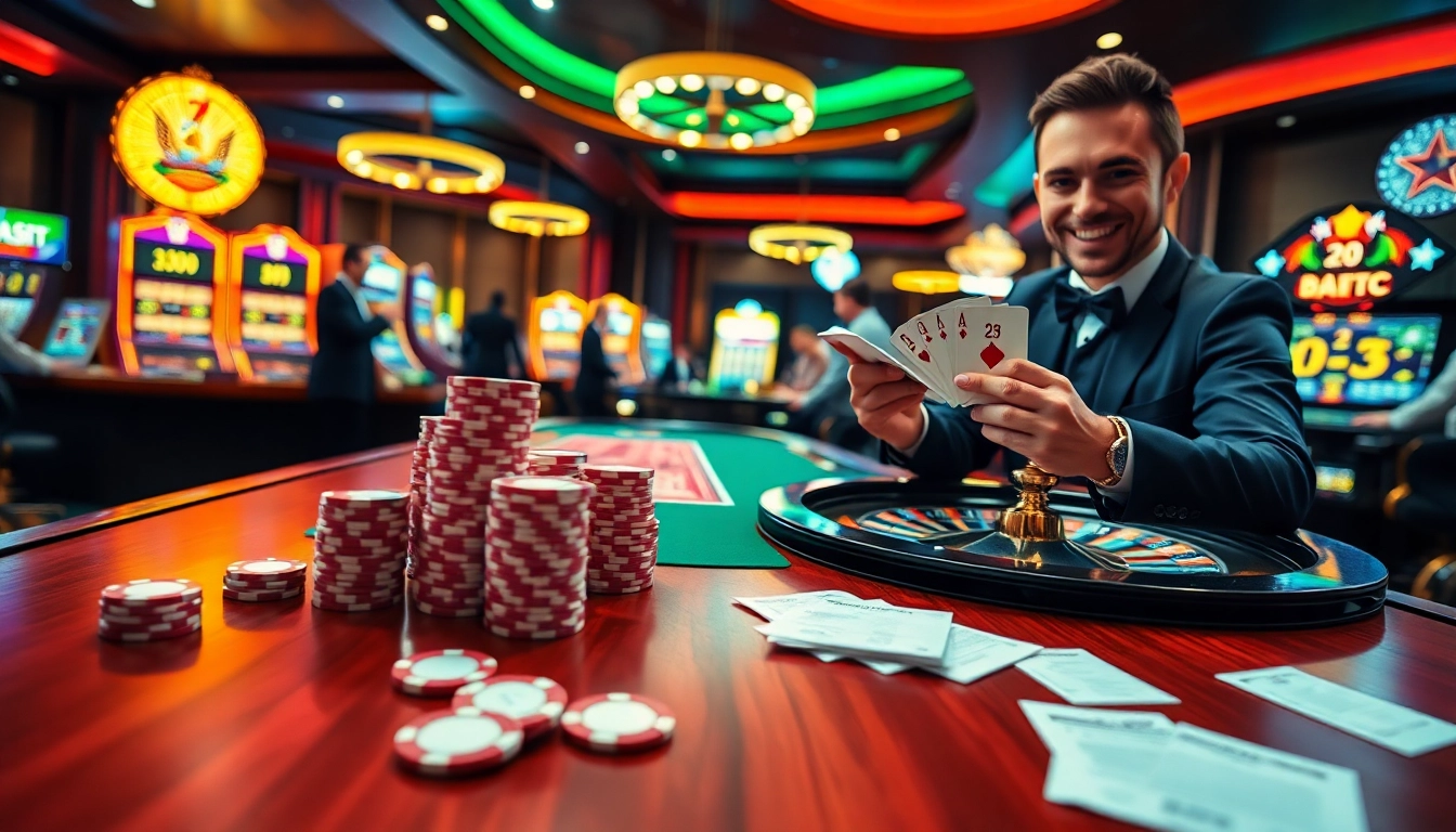 Experience the thrill of 28BET with vibrant gaming tables, roulette wheels, and confident players in a luxurious casino.