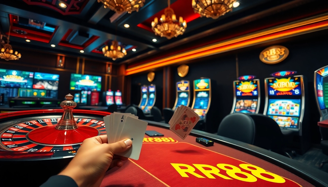 Experience the thrill of RR88 casino with vibrant slot machines and excited players at the table.