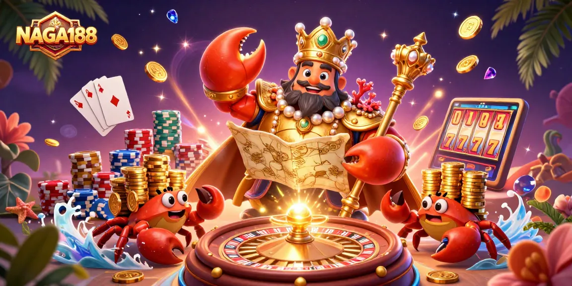 NAGA188 menampilkan kuda laut emas besar dengan scepter, dikelilingi koin emas dan chip poker dalam pesta permainan.
