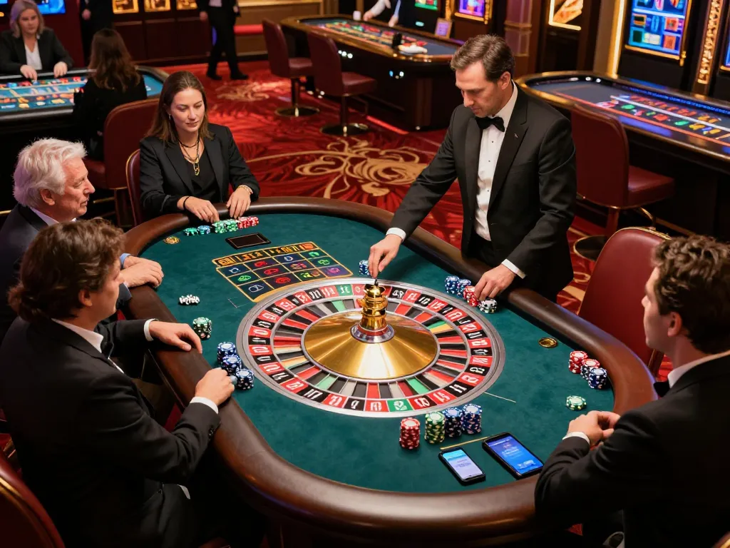 Experience the excitement of roulette gameplay at Fly88 casino with engaged players and a spinning wheel.