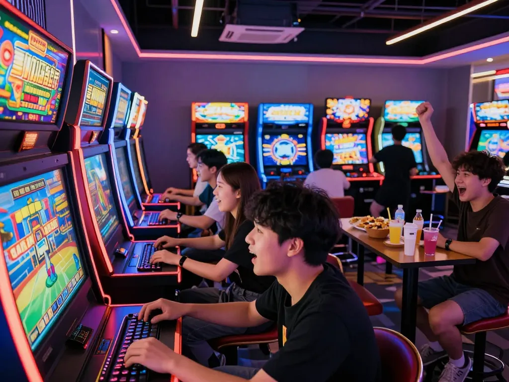 Exciting online gaming experience at XX88, showcasing enthusiastic players engaging with vibrant machines.