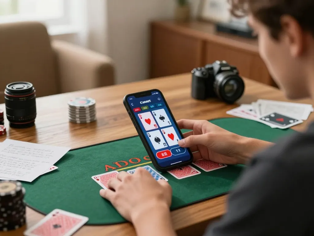 Player using smartphone for RR88 live dealer blackjack, showcasing engaging gameplay in a cozy home setting.