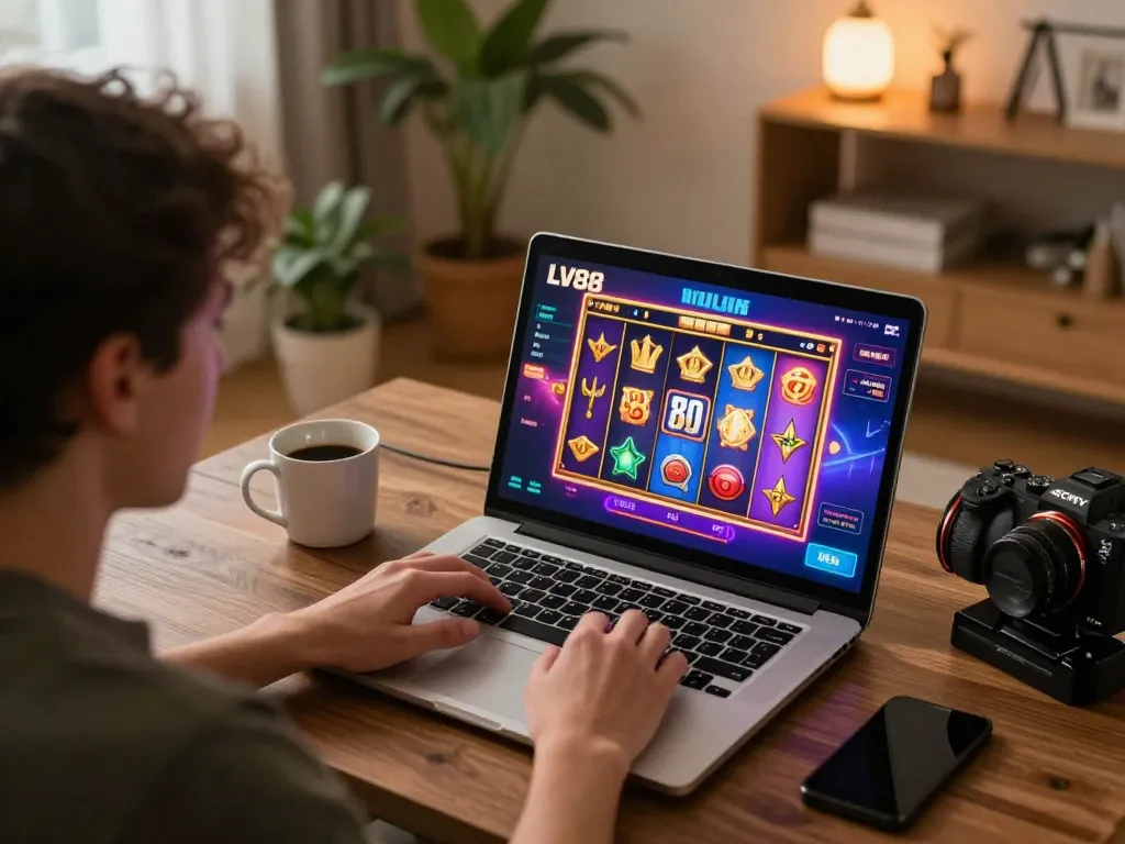 Player engaging in online gambling with LV88, displaying colorful slot game interface on laptop