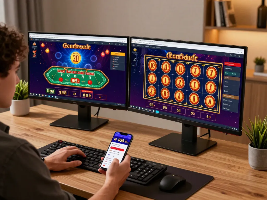 Player engaging in LV88 online casino gaming with multiple screens displaying vibrant game interfaces, emphasizing strategic betting.