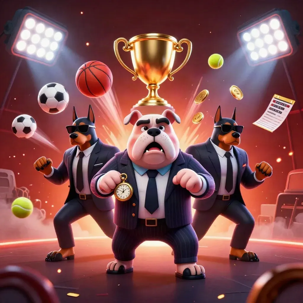 Bulldog boss and two Doberman guards amid flying balls, gold, and neon casino energy.