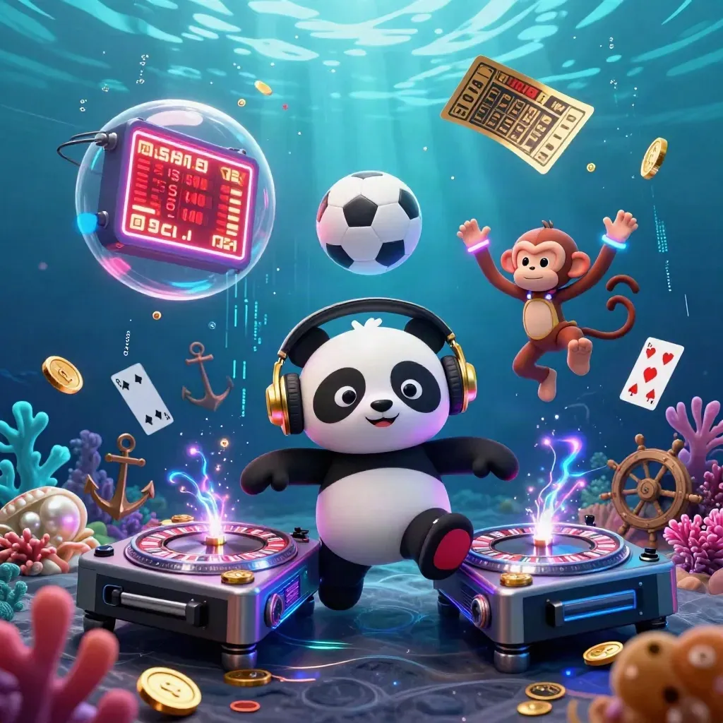 Underwater club scene with panda DJ, dancing monkey and glow-stick kitten around a flying soccer ball.