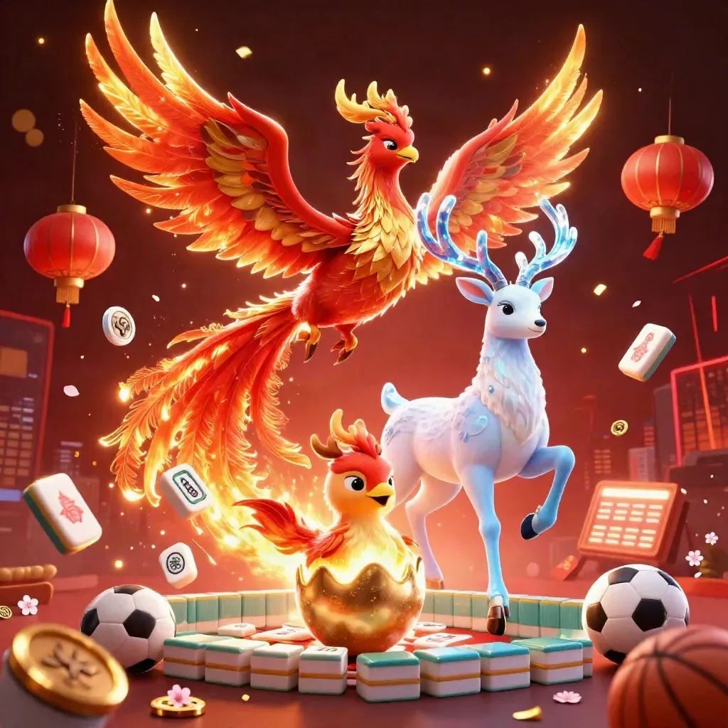 Phoenix, baby phoenix, and crystal stag amid casino gold, lanterns, coins, and sparks