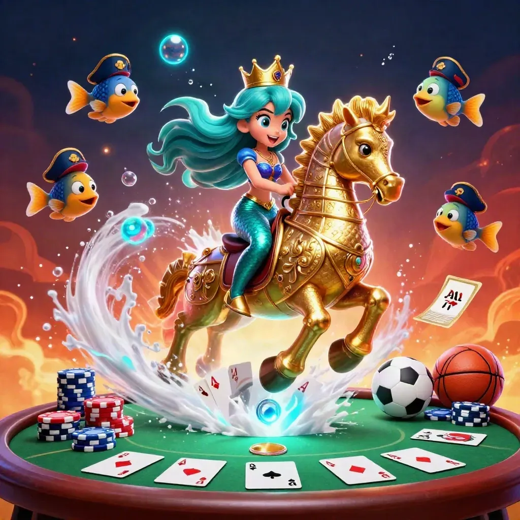 Mermaid princess on golden seahorse amid poker chips, aces, fish and neon blue-red casino glow.