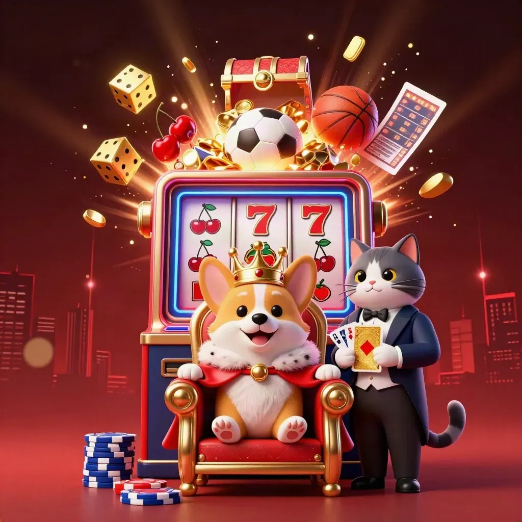Royal corgi and cat butler amid exploding slot machine, gold, dice, and casino sparks.