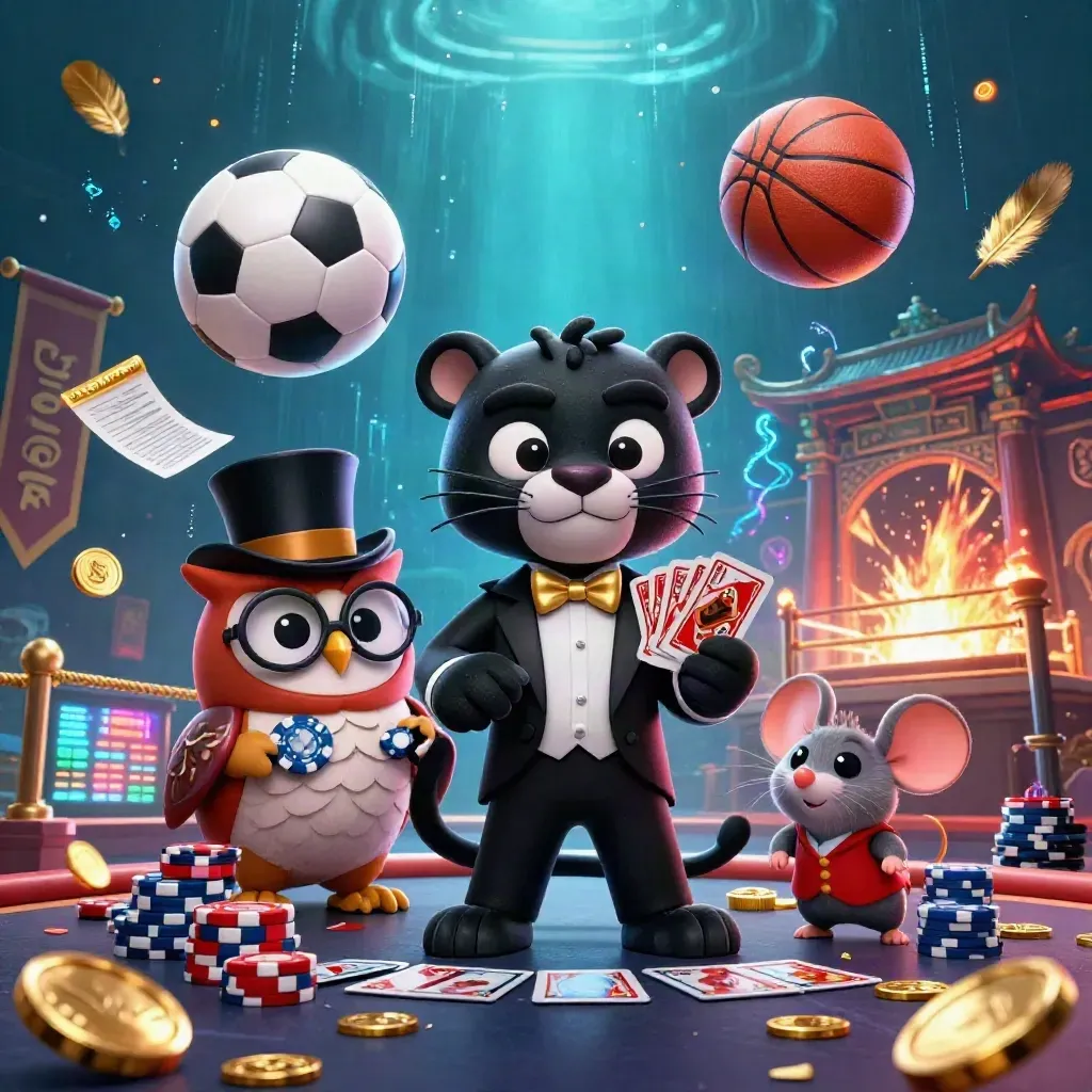 Cartoon panther, owl, and mouse casino heroes amid neon sports chaos.