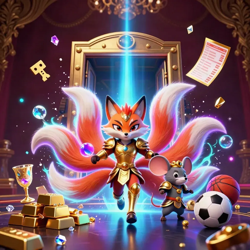 Fox spirit and armored mouse amid treasure burst, neon balls, and casino glow.