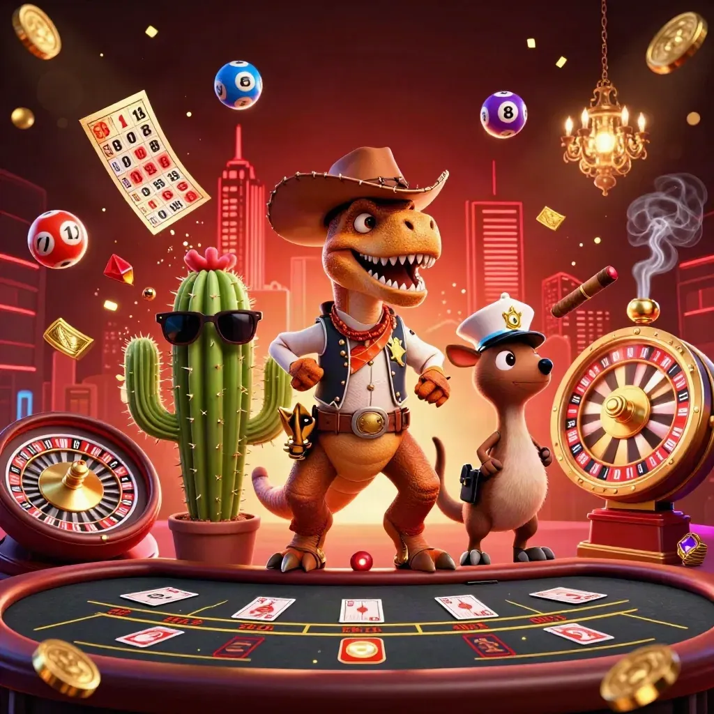 Cartoon cowboy T-Rex, cactus sidekick, and roadrunner in a neon casino western scene