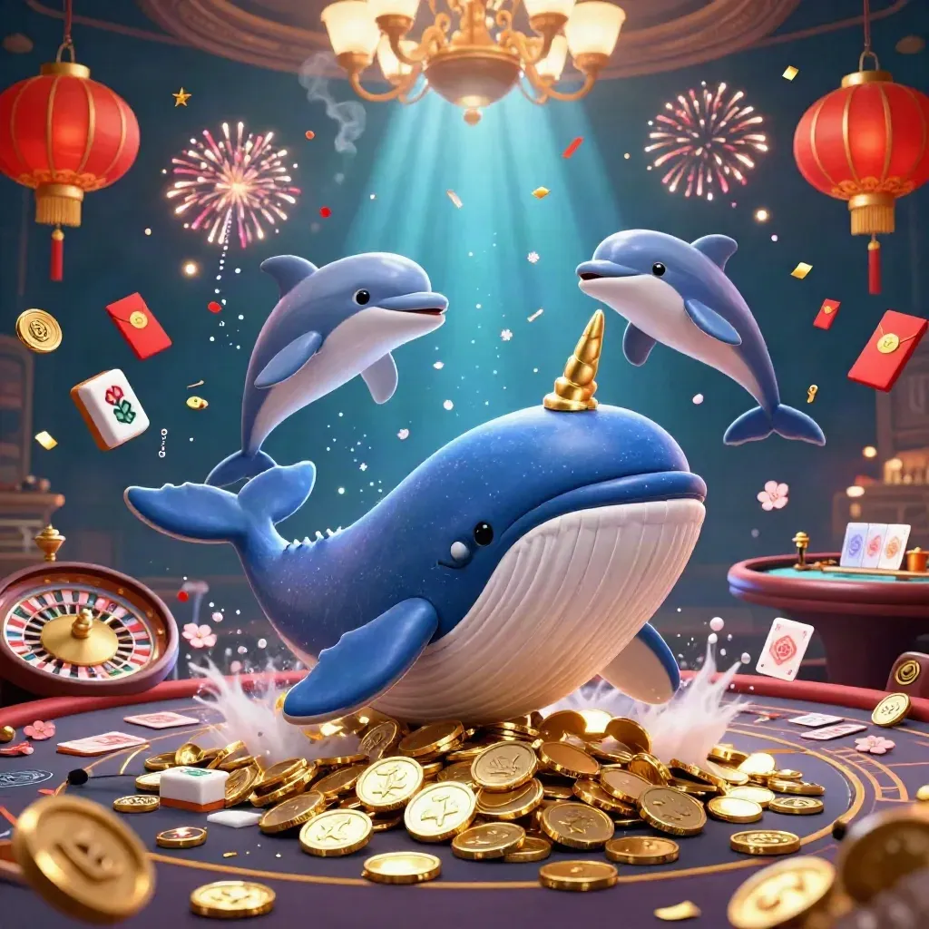 Whale, narwhal, and dolphins amid coins, lanterns, fireworks, and glowing casino lights.