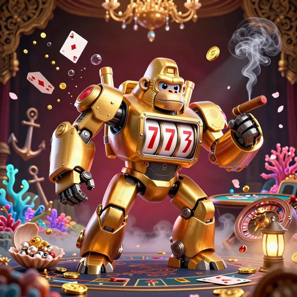 Golden gorilla mech with monkey pilot in a jewel-lit casino treasure cove, surrounded by neon gold luxury.