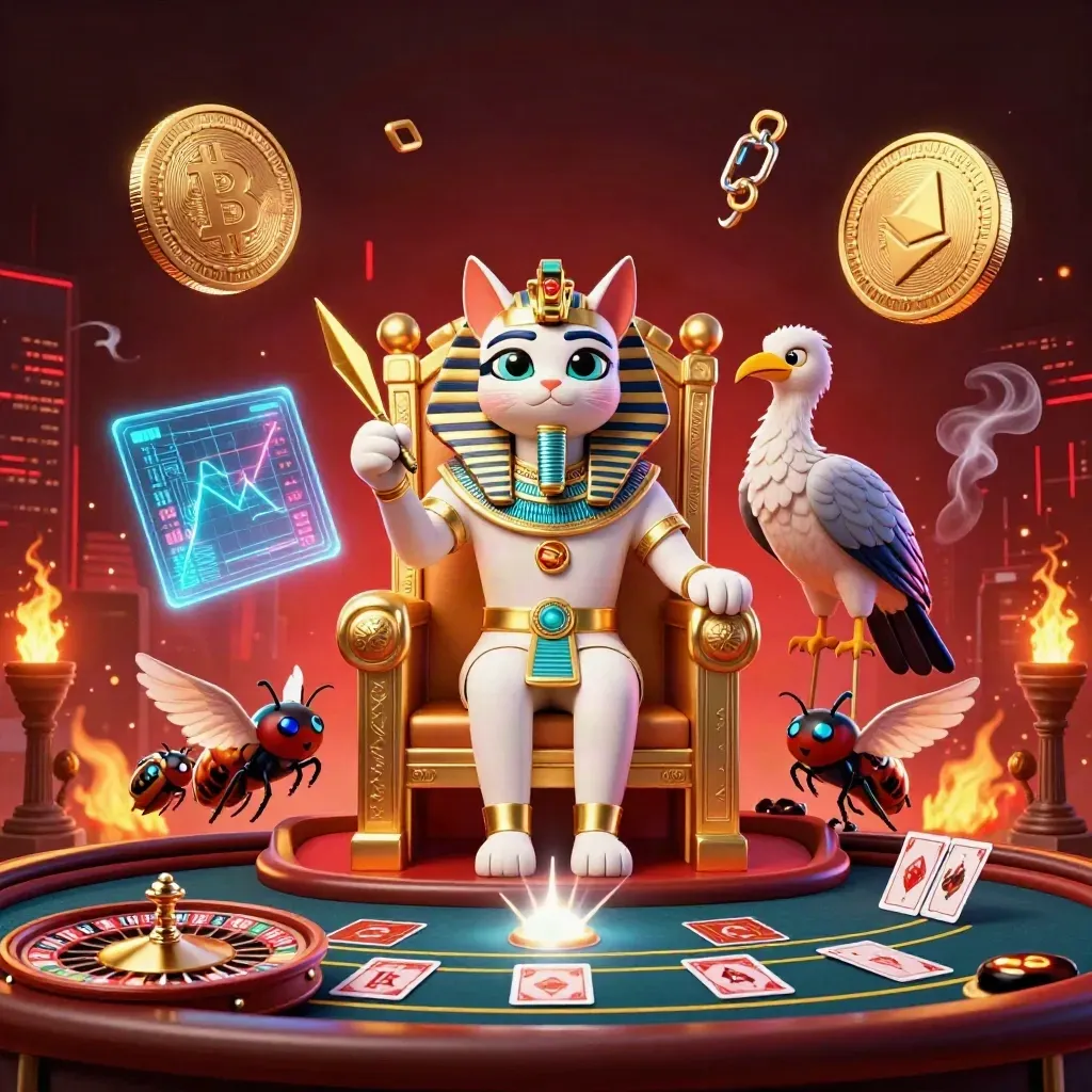 Pharaoh cat, ibis scribe, and gem-wing scarabs amid casino luxury, neon crypto glow, and firelight.