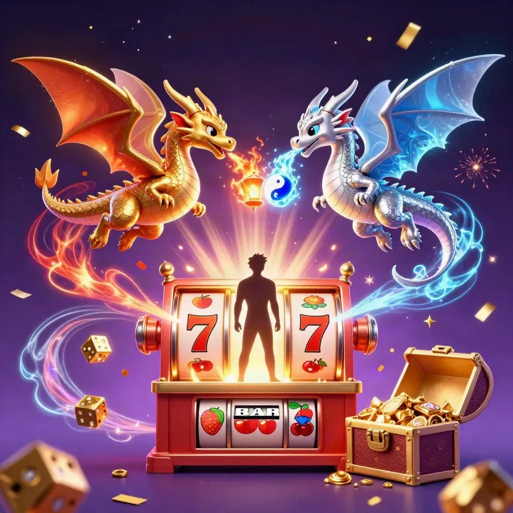 Twin gold and silver dragons burst with fire, ice, gems, and casino loot in neon red glow.
