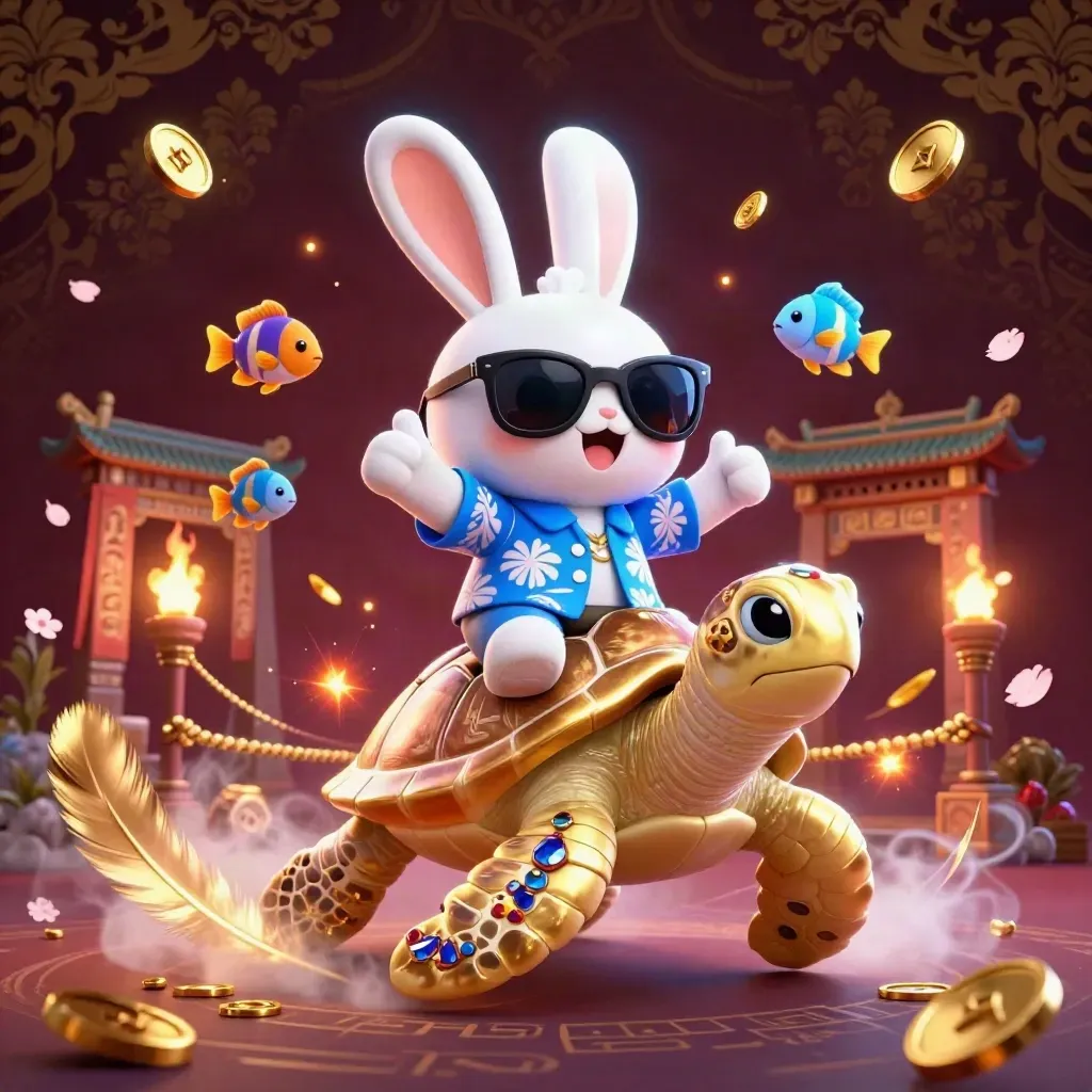 Lucky rabbit rides a jeweled sea turtle amid coins, petals, temple gate and electric blue casino glow.