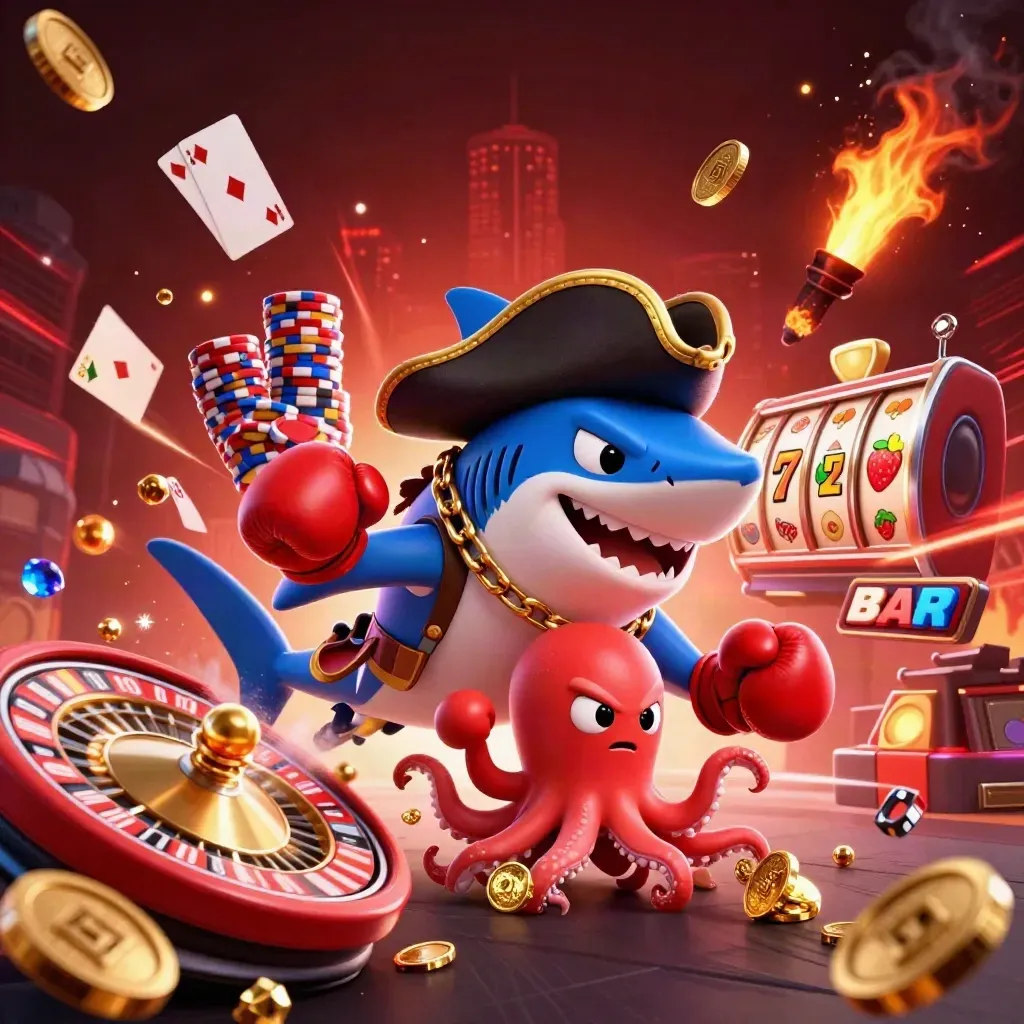 Pirate shark, boxing pufferfish, and juggling octopus amid coins, gems, chips, and red neon casino chaos.