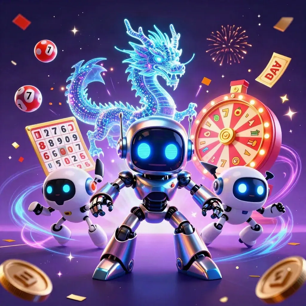Cyberpunk robot, holographic dragon and coin drone burst through casino loot and glowing symbols.