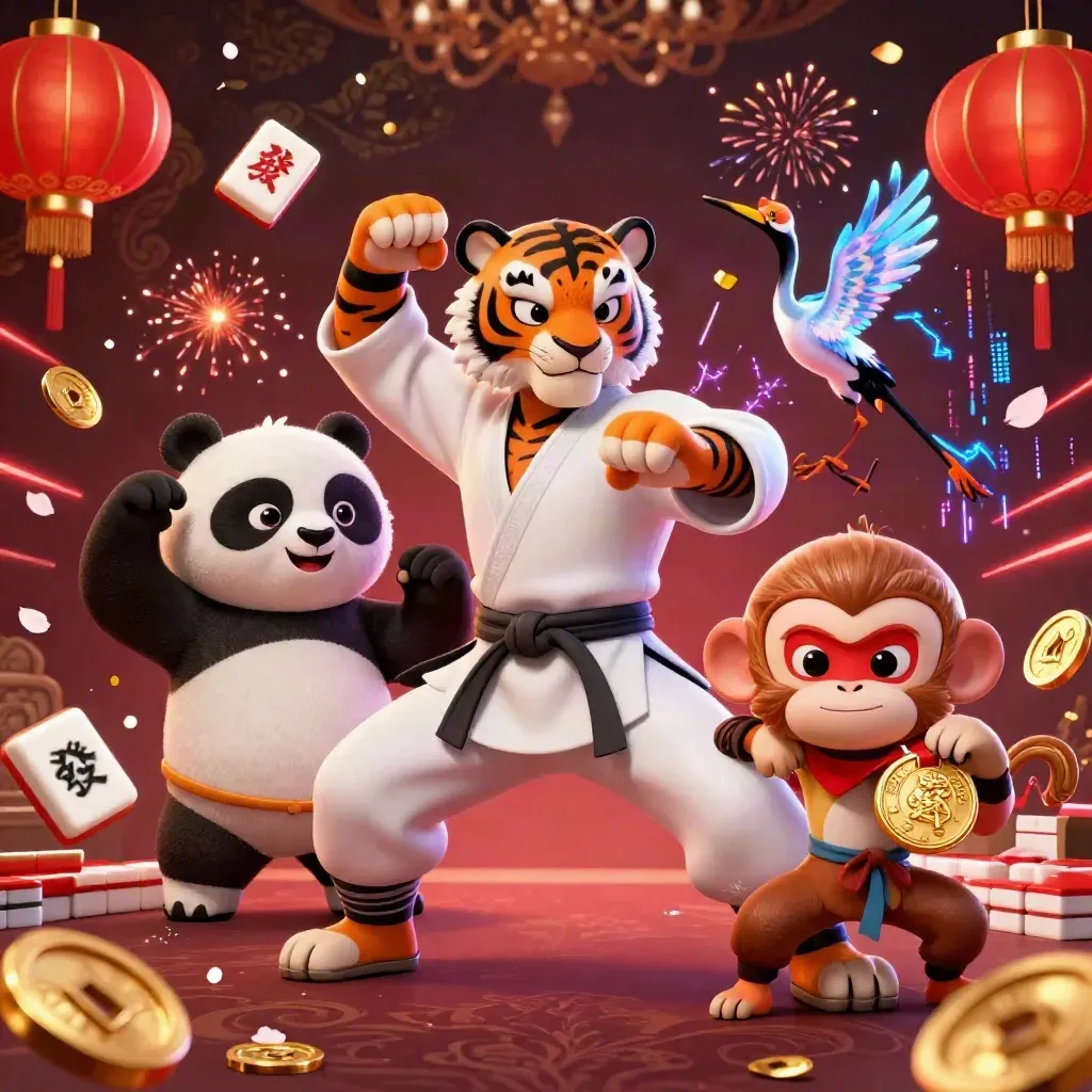 Kung-fu tiger, panda, and monkey amid lanterns, tiles, coins, and neon red casino effects.