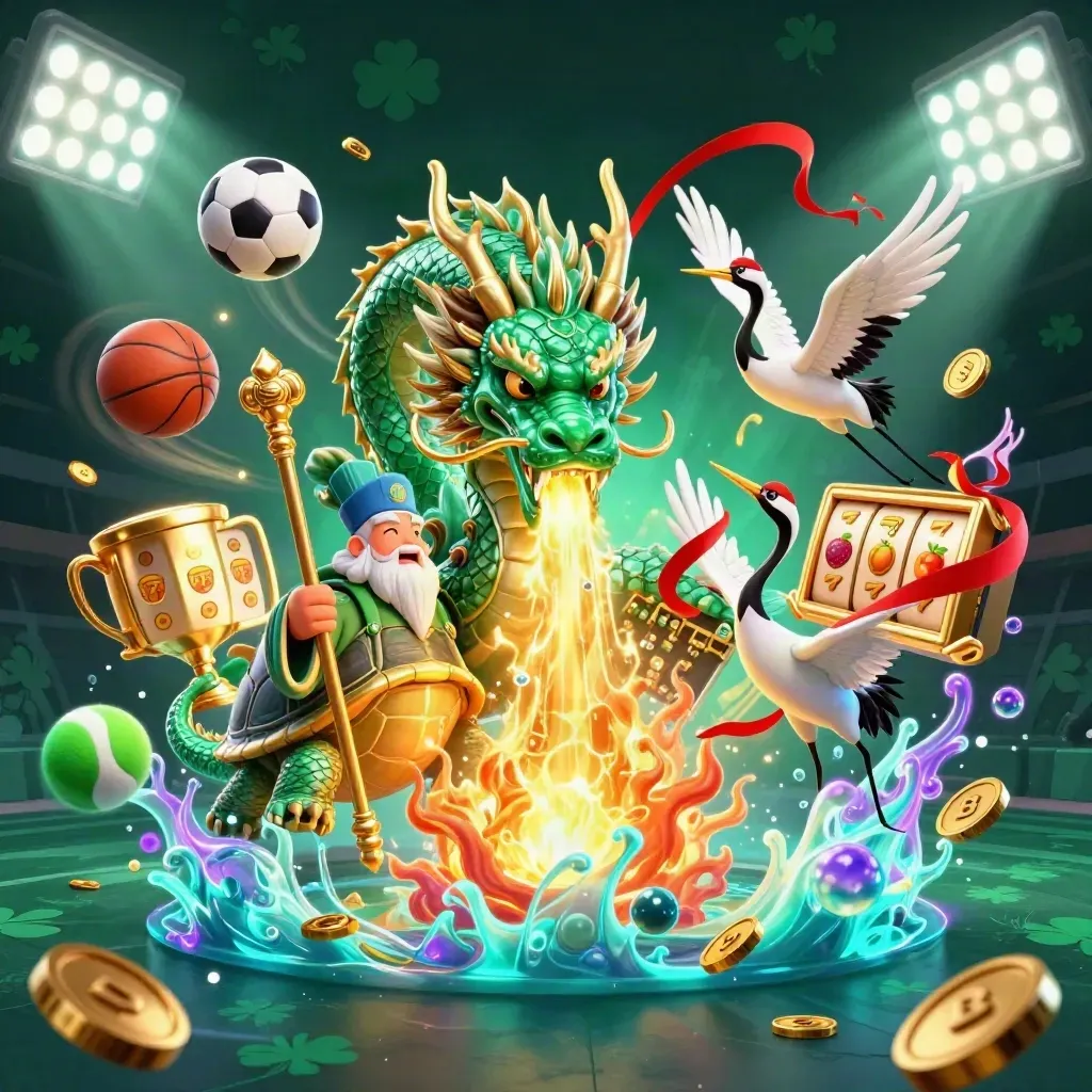 Emerald dragon, turtle sage, and cranes amid casino bursts, trophies, coins, and neon game effects.