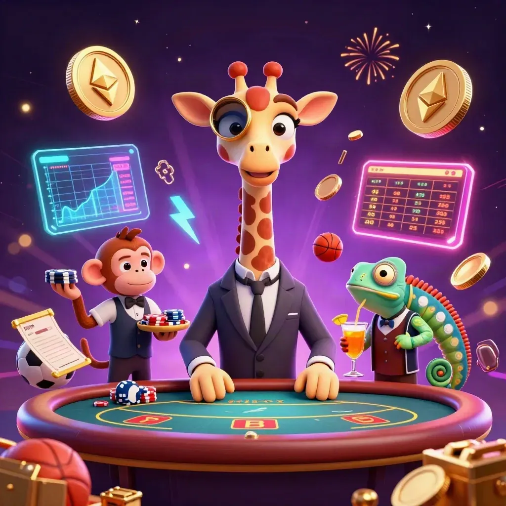 Giraffe high roller, monkey valet, and chameleon bartender amid a neon casino treasure burst