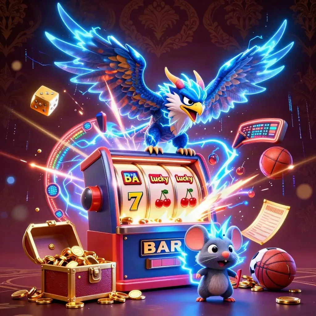 Thunder dragon, hawk, and mouse amid jackpot burst, coins, dice, and casino effects.