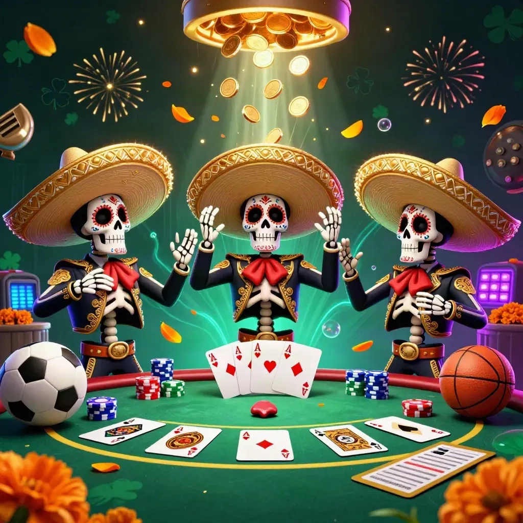 Skeleton mariachi trio amid casino cards, coins, fireworks, and neon treasure glow.