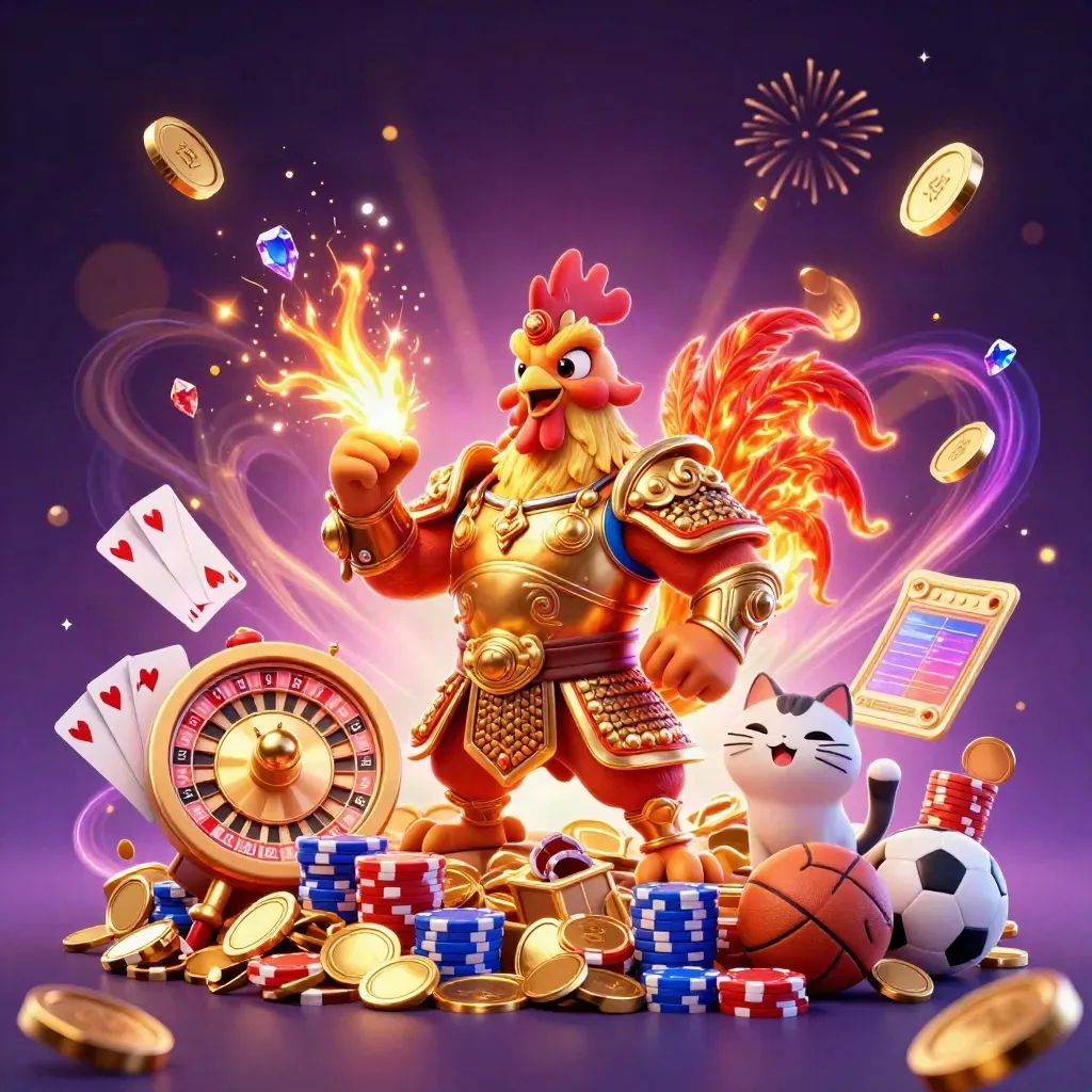 Rooster warrior, dragon hatchling, and fortune-cat amid coins, fireworks, chips, and casino game props.
