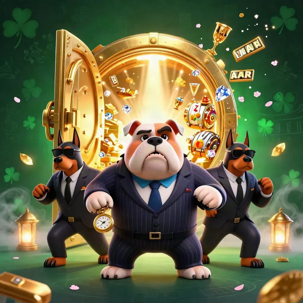 Bulldog boss and two Dobermans burst from a golden vault amid casino loot and glowing effects.