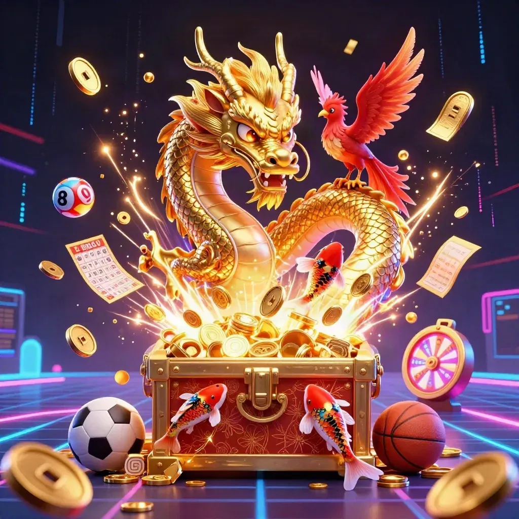 Golden dragon and phoenix erupt from treasure with coins, balls, wheel, and neon casino energy.