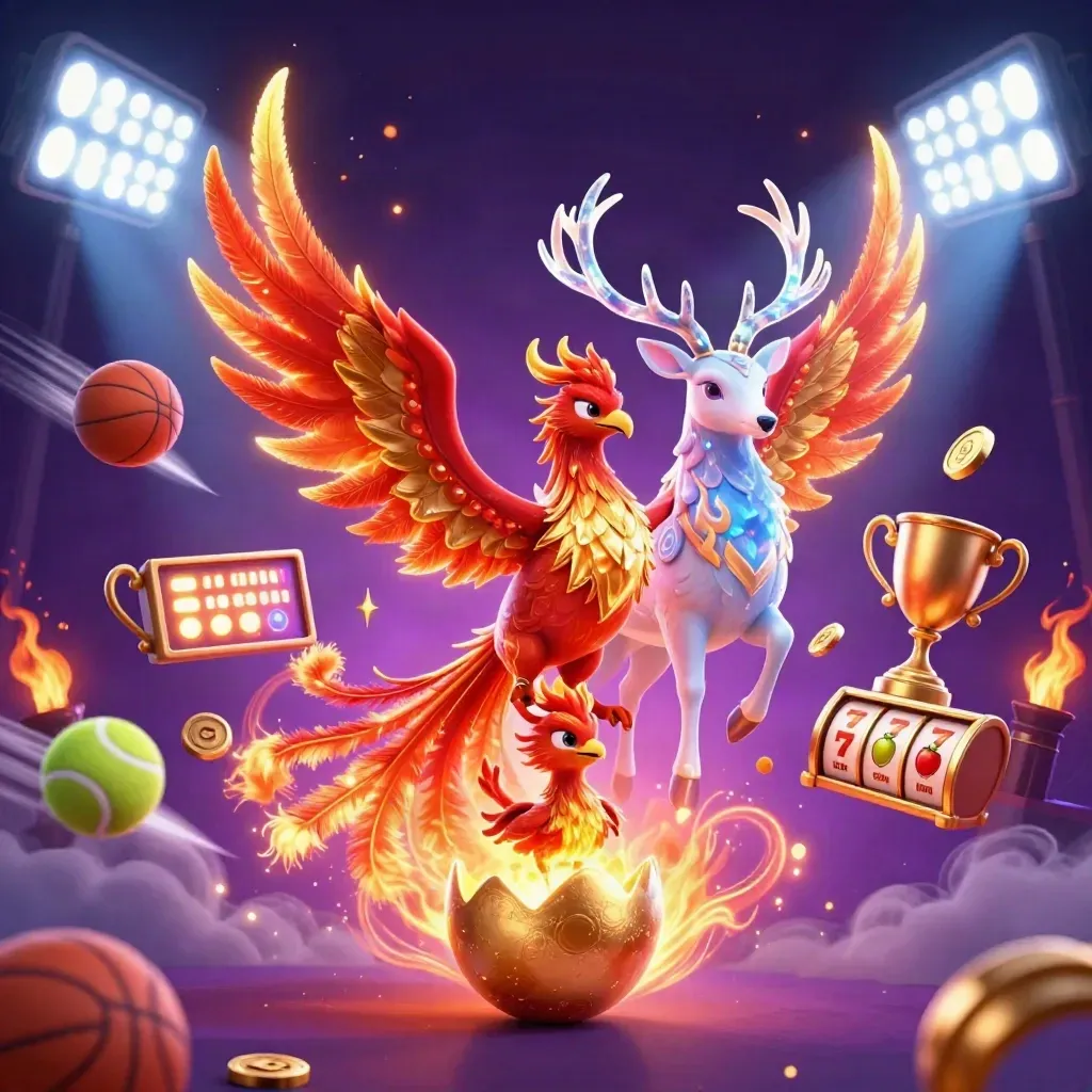 Phoenix, hatching baby phoenix, and crystal stag amid reels, balls, coins, and fire effects