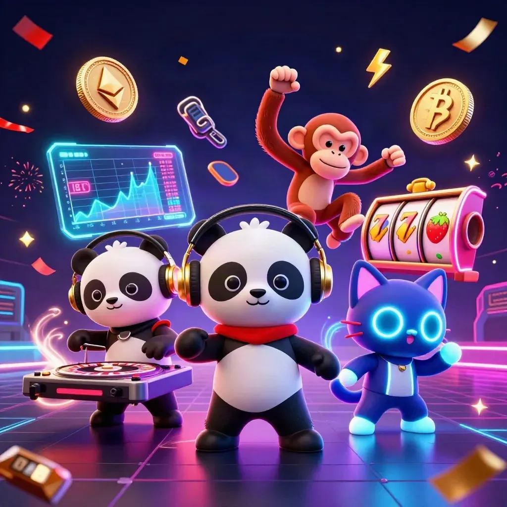 DJ panda, breakdancing monkey, and rave kitten amid neon casino coins and lightning.