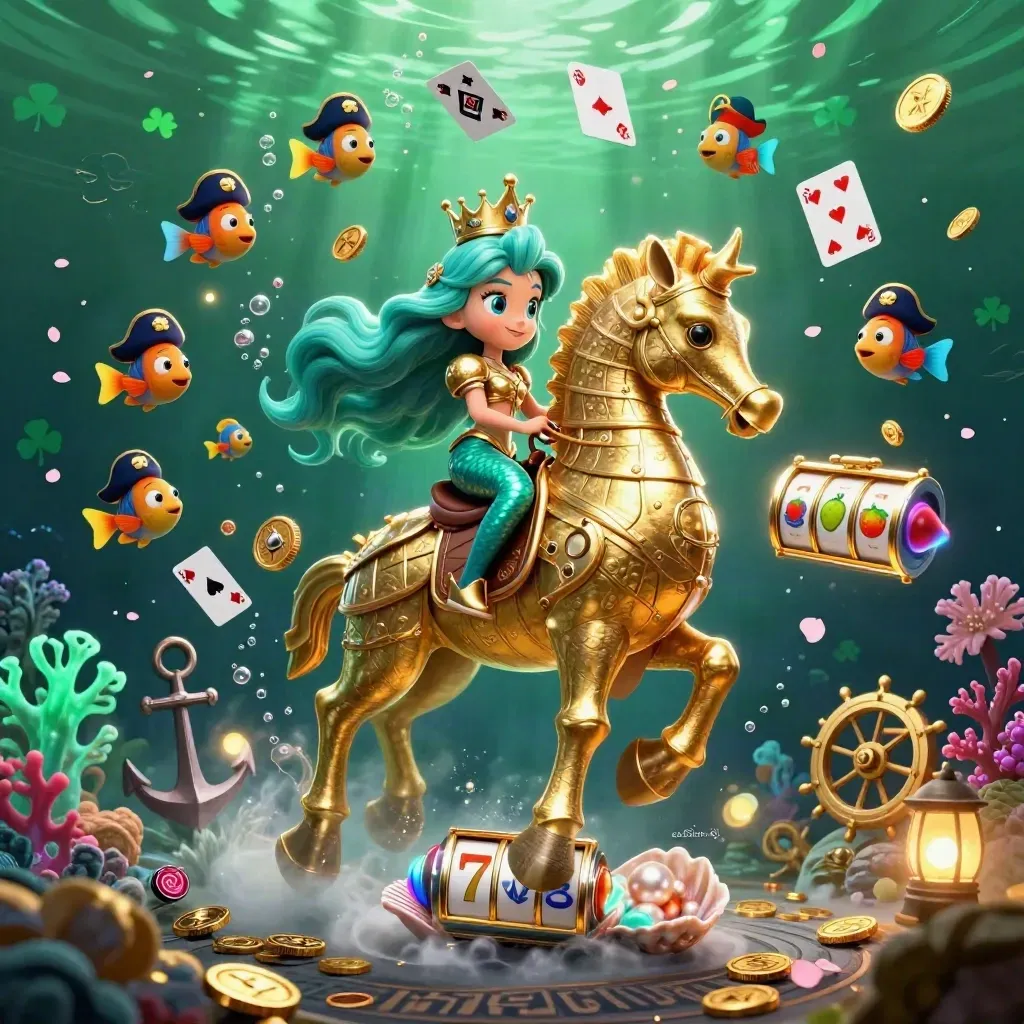 Mermaid princess rides a golden seahorse with pirate fish amid casino treasure and neon reels