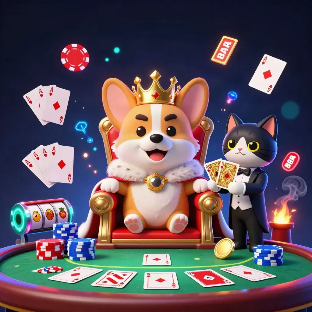 Royal corgi on a chip throne with a cat butler, casino props, neon blue-red glow.