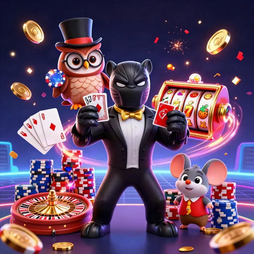 Panther, owl, and mouse gambling amid chips, coins, roulette, and neon casino effects.