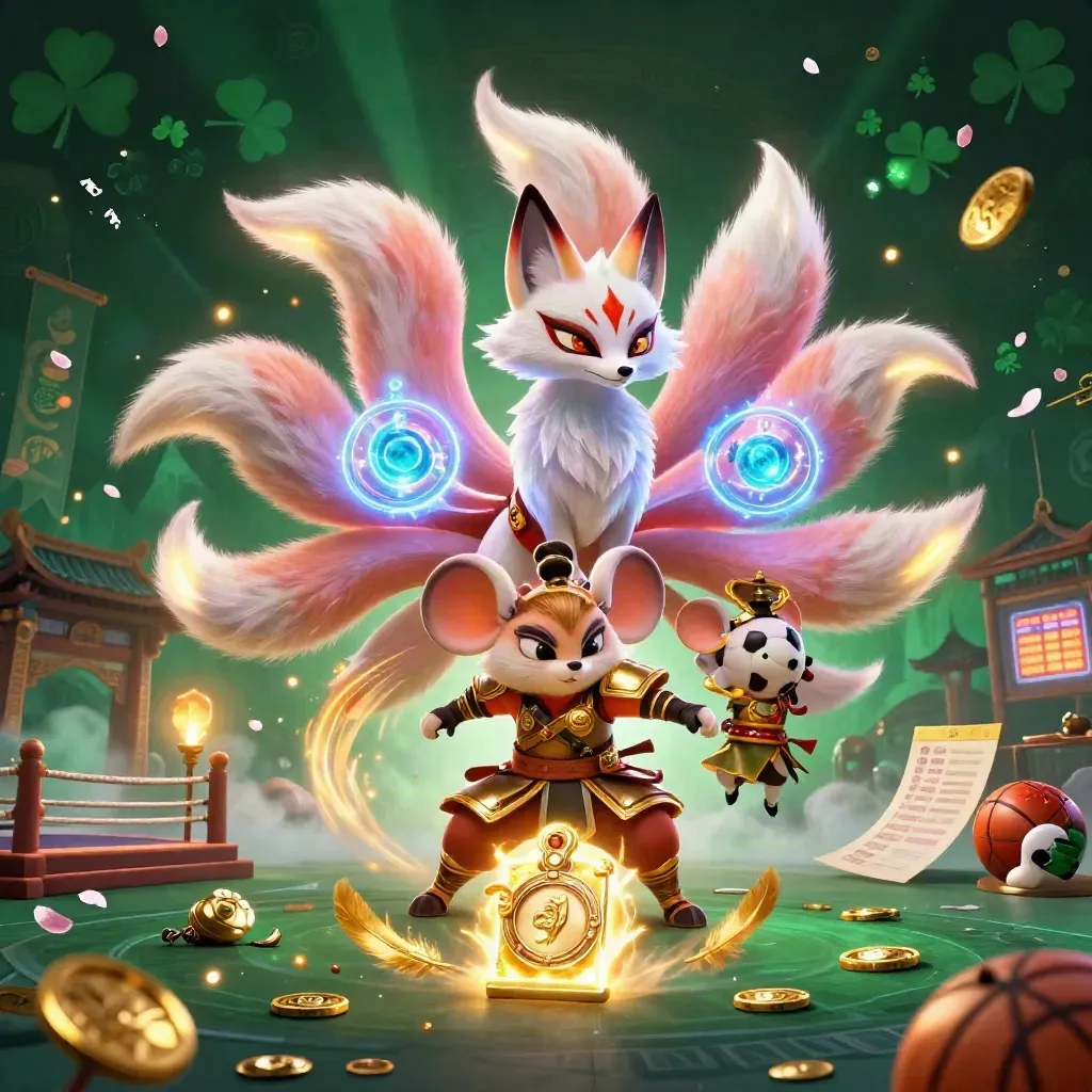Fox spirit and samurai mouse amid casino odds energy, coins, temple, and glowing sports props.