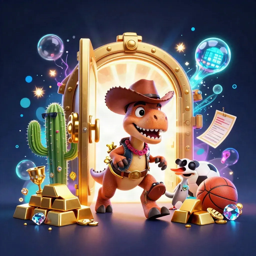Cowboy T-Rex, cactus sidekick, and roadrunner burst from a golden vault with casino loot and neon glow.