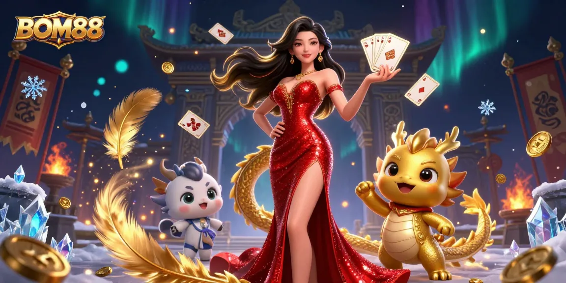 BOM88 showcases thrilling live casino action with a stunning Asian woman and a golden dragon mascot.