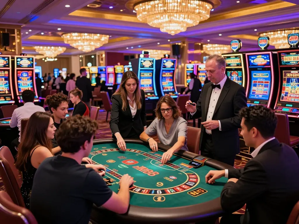 Exciting HM88 casino gaming scene with players enjoying blackjack, roulette, and slot machines.