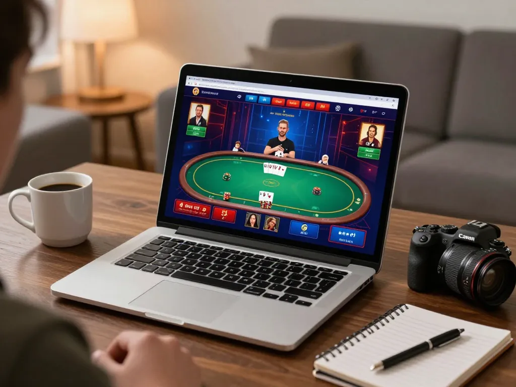 Engaging online poker gameplay on a laptop showcasing kp88, with player avatars and betting strategies.