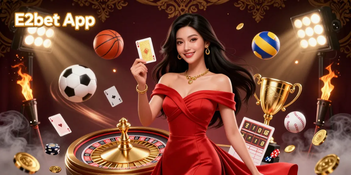 E2bet App showcasing a beautiful young woman by a roulette wheel, surrounded by poker elements and dynamic sports balls.